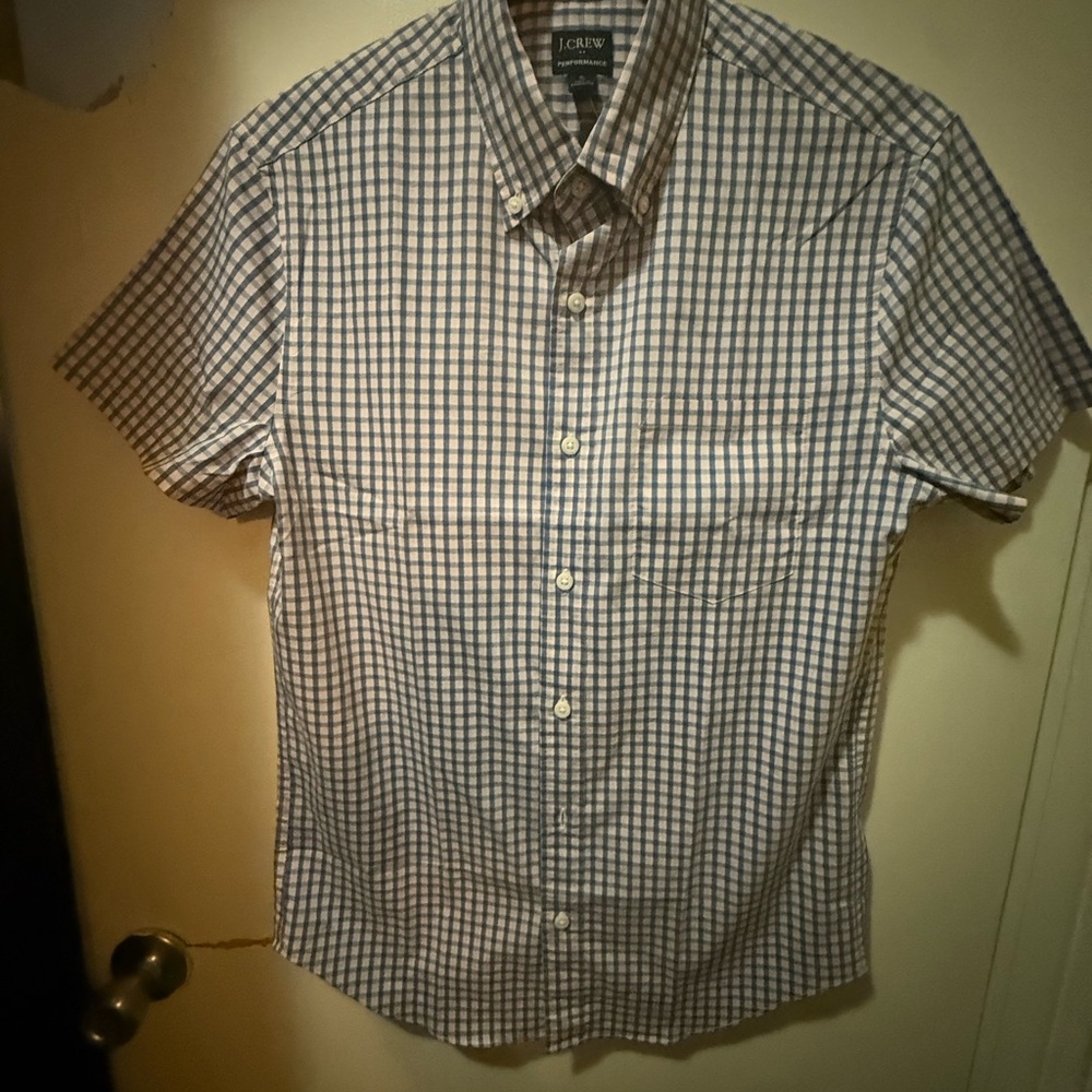 Casual Blue, Pink, and White Short Sleeve Button Down Shirt